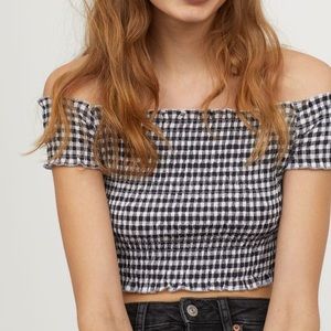 Smocked off-the-shoulder checkered top